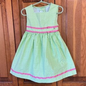 Bonnie Jean Sleeveless Square Neck Green Checkered Cotton Dress Pink Ribbon Trim